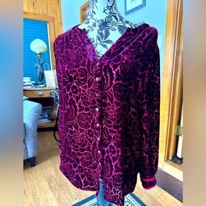 Sundance Shirt Womens Medium Plum Red Burnout Flocked Velvet Floral Button Front